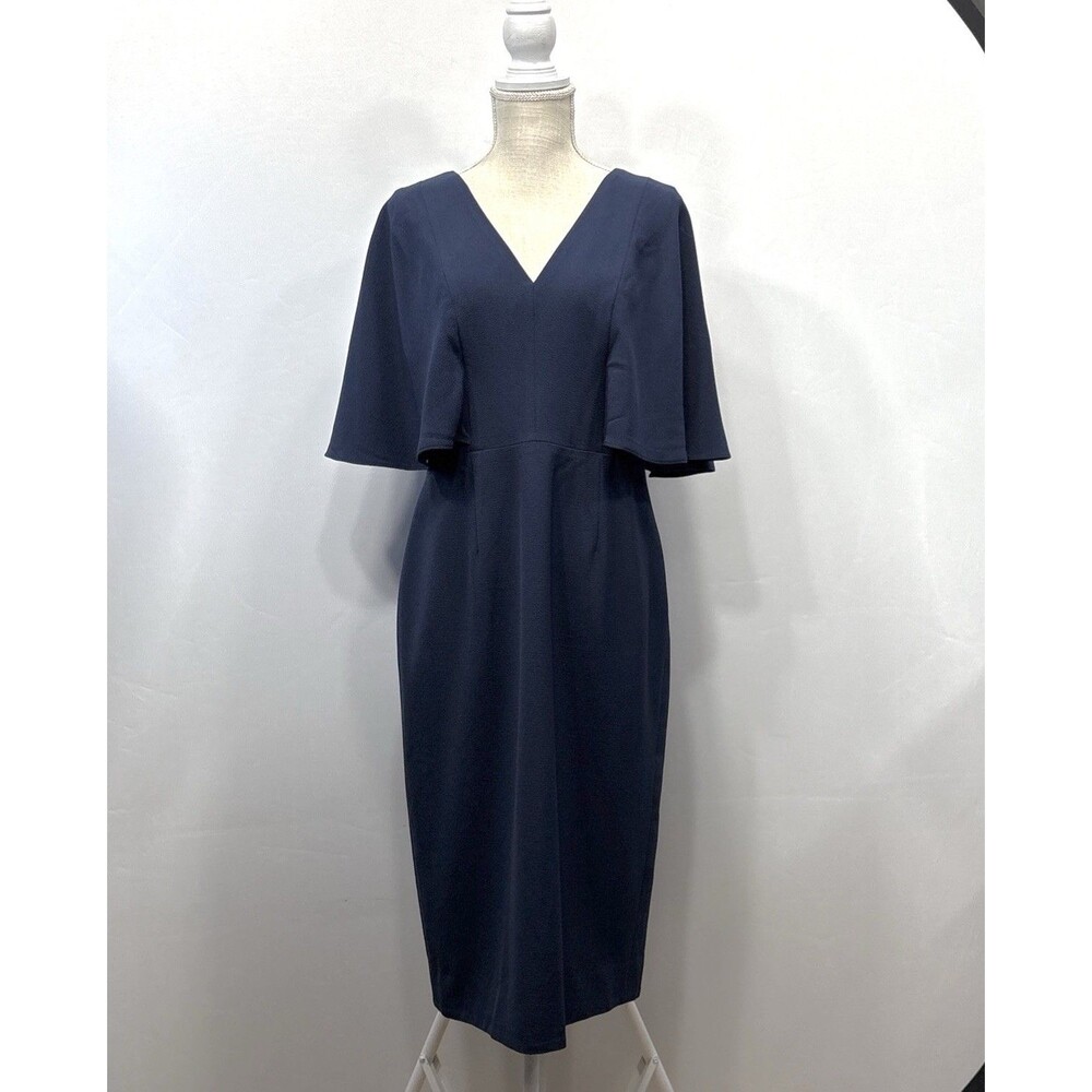 Dress the Population Louisa Sheath Dress L Navy Blue V Neck Butterfly Sleeve